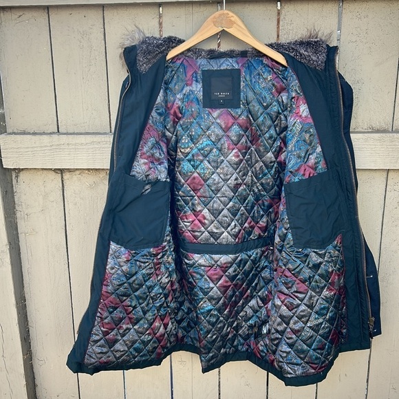 Ted Baker Geddes Parka Faux Fur Trim Hooded Jacket Coat Dark Green  Sz 4 (Large) - Picture 8 of 12